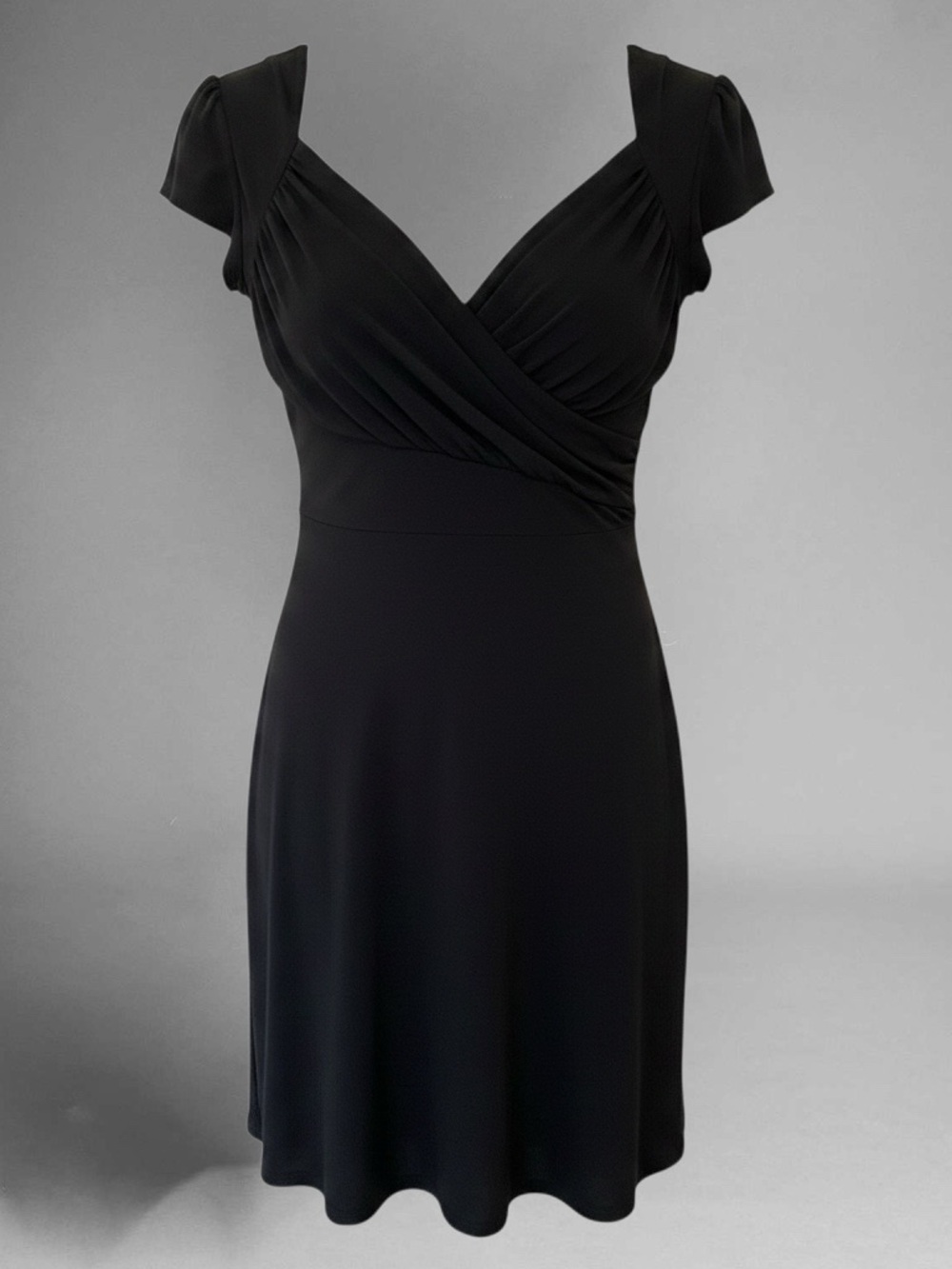 Leota Black V-Neck Cap Sleeve Midi Dress